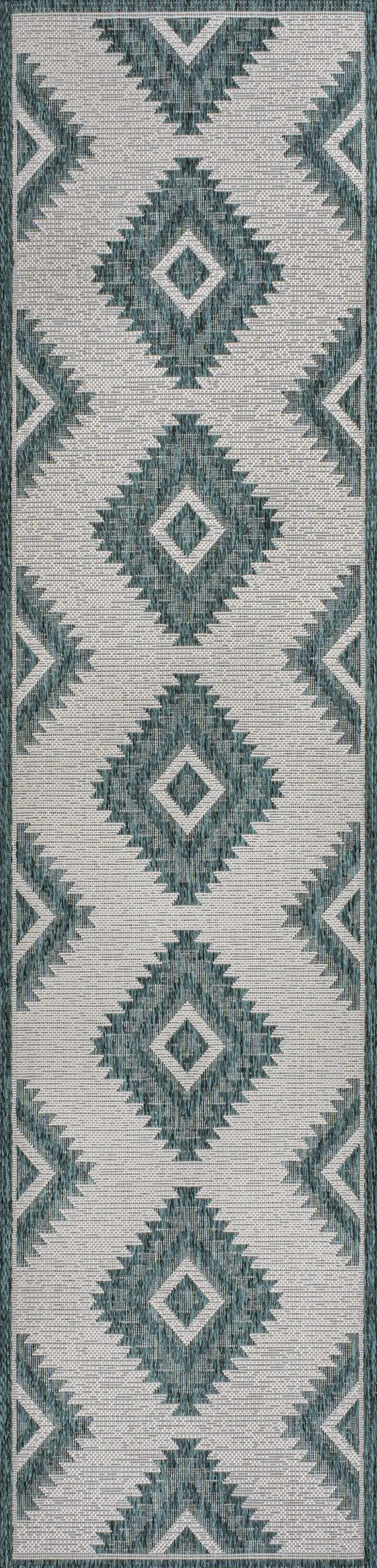 8' Turquoise And Cream Moroccan Indoor Outdoor Runner Rug Photo 9
