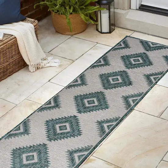 8' Turquoise And Cream Moroccan Indoor Outdoor Runner Rug Photo 5
