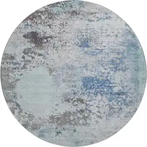 Photo of 8' Turquoise And Gray Abstract Washable Round Rug With UV Protection