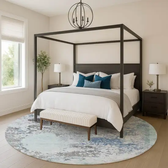 8' Turquoise And Gray Abstract Washable Round Rug With UV Protection Photo 5