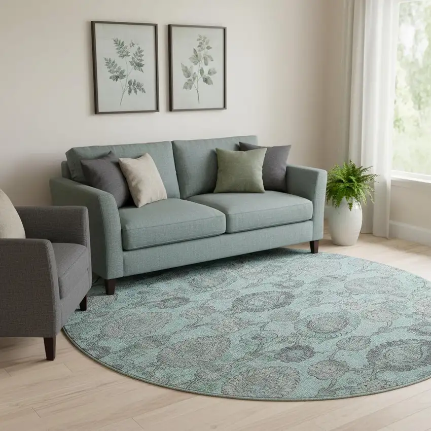 8' Turquoise And Gray Damask Washable Round Rug With UV Protection Photo 1