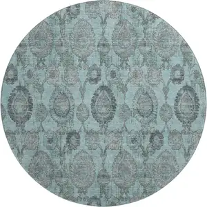 Photo of 8' Turquoise And Gray Damask Washable Round Rug With UV Protection