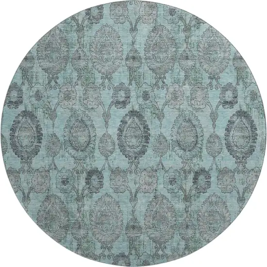 8' Turquoise And Gray Damask Washable Round Rug With UV Protection Photo 1