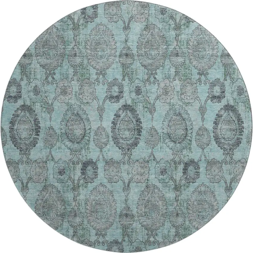 8' Turquoise And Gray Damask Washable Round Rug With UV Protection Photo 1
