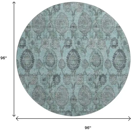 8' Turquoise And Gray Damask Washable Round Rug With UV Protection Photo 3