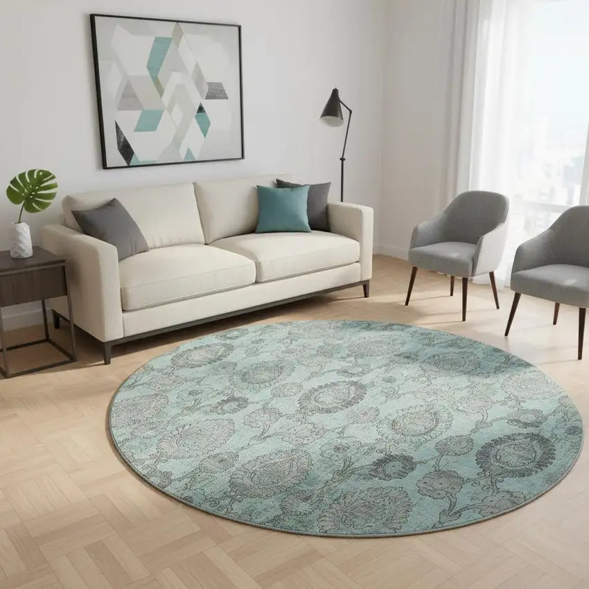 8' Turquoise And Gray Damask Washable Round Rug With UV Protection Photo 2