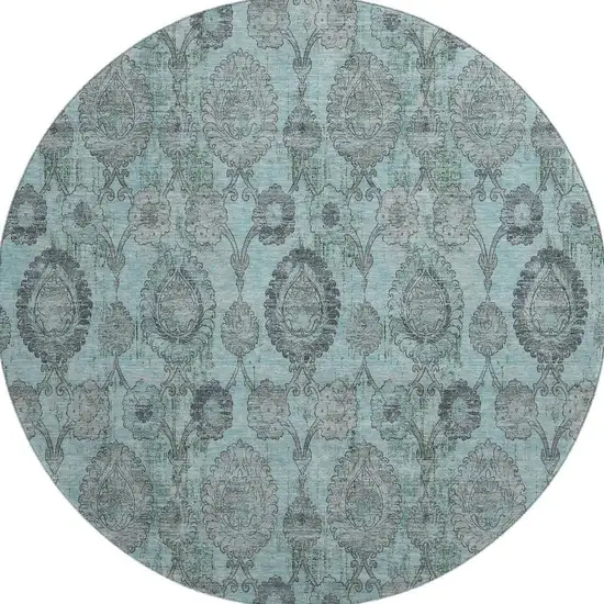 8' Turquoise And Gray Damask Washable Round Rug With UV Protection Photo 4