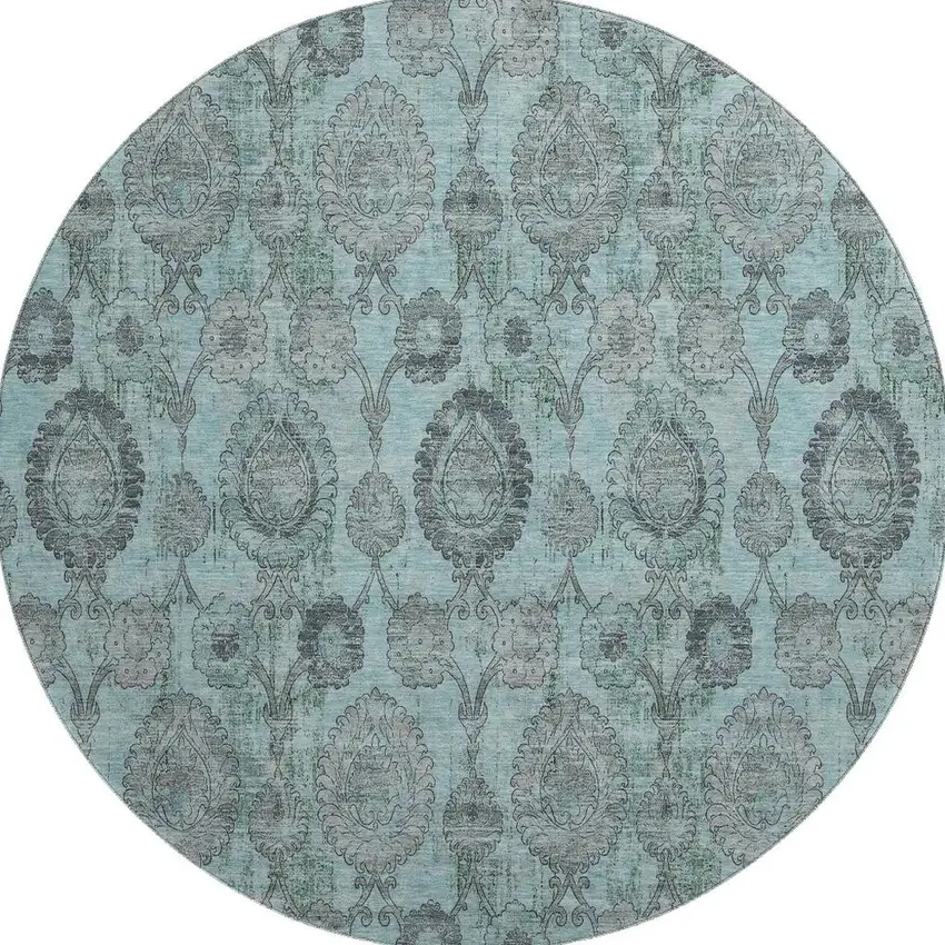 8' Turquoise And Gray Damask Washable Round Rug With UV Protection Photo 4