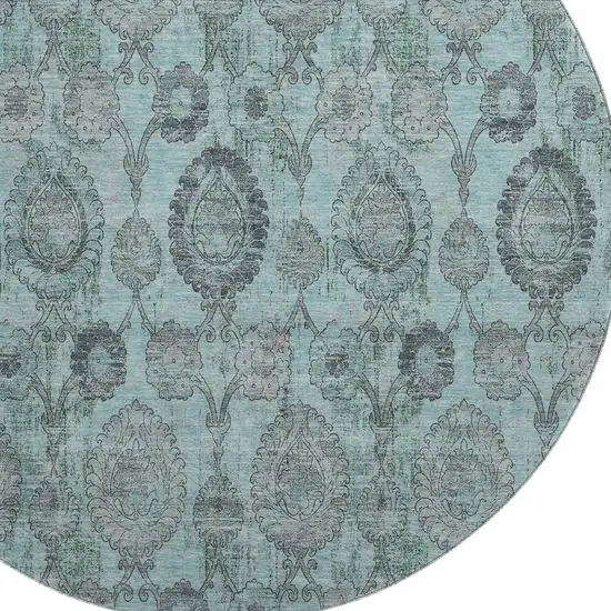 8' Turquoise And Gray Damask Washable Round Rug With UV Protection Photo 3