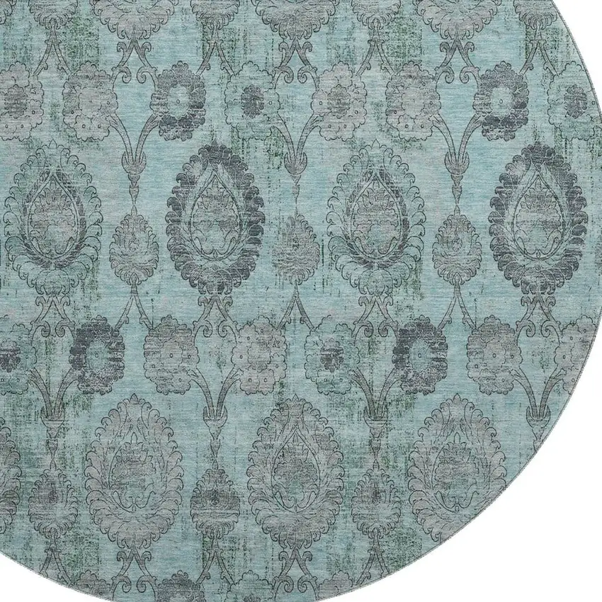 8' Turquoise And Gray Damask Washable Round Rug With UV Protection Photo 3