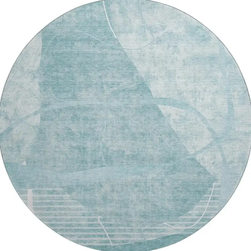 8' Turquoise And Ivory Abstract Geometric Washable Round Rug With UV Protection Photo 4
