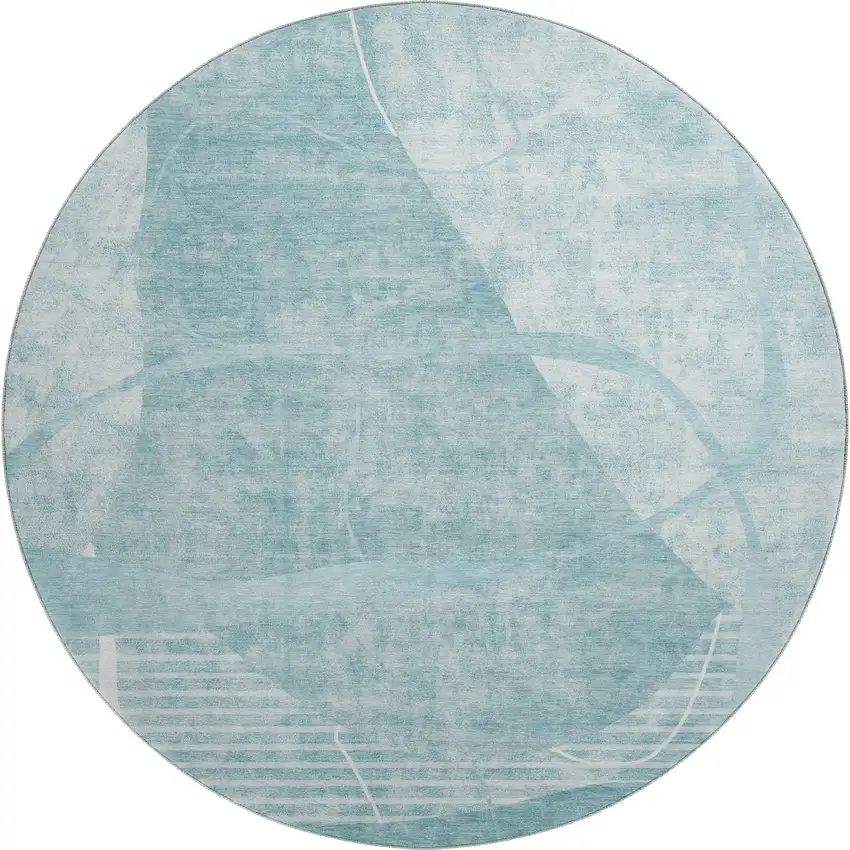 8' Turquoise And Ivory Abstract Geometric Washable Round Rug With UV Protection Photo 1