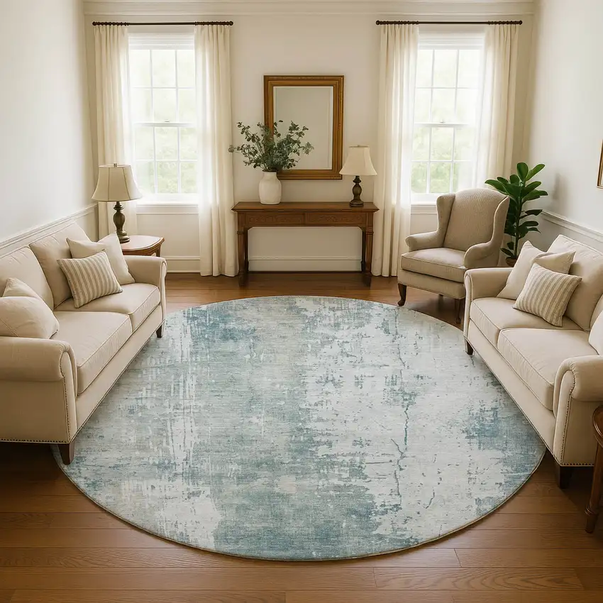 8' Turquoise And Ivory Abstract Washable Round Rug With UV Protection Photo 4