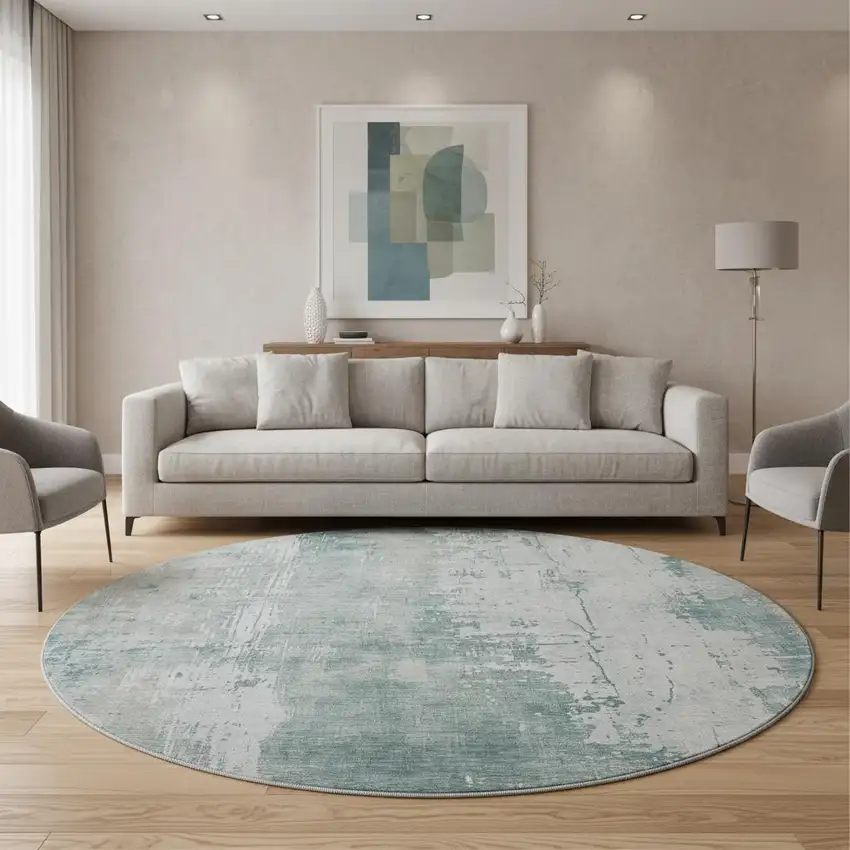 8' Turquoise And Ivory Abstract Washable Round Rug With UV Protection Photo 2