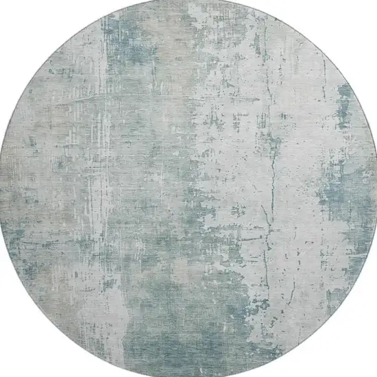 8' Turquoise And Ivory Abstract Washable Round Rug With UV Protection Photo 3