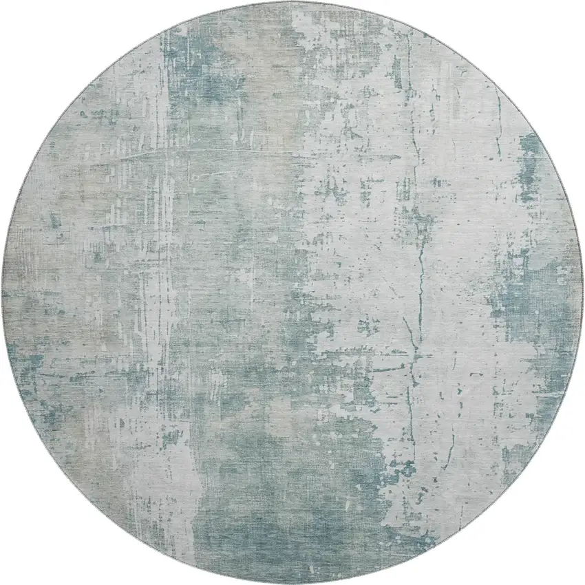 8' Turquoise And Ivory Abstract Washable Round Rug With UV Protection Photo 1