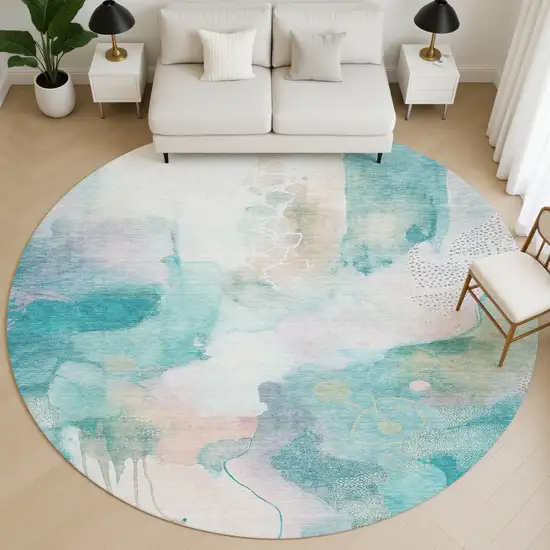 8' Turquoise And Ivory Abstract Washable Round Rug With UV Protection Photo 5