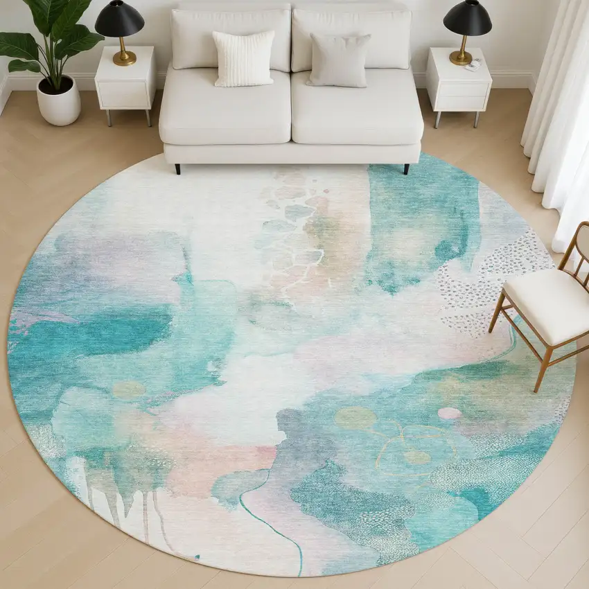 8' Turquoise And Ivory Abstract Washable Round Rug With UV Protection Photo 5