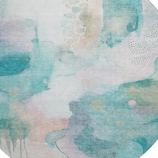 8' Turquoise And Ivory Abstract Washable Round Rug With UV Protection Photo 3