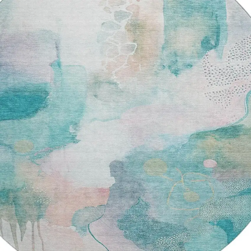8' Turquoise And Ivory Abstract Washable Round Rug With UV Protection Photo 3