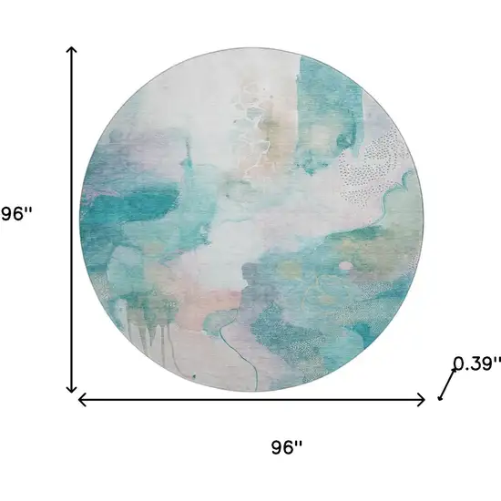8' Turquoise And Ivory Abstract Washable Round Rug With UV Protection Photo 8