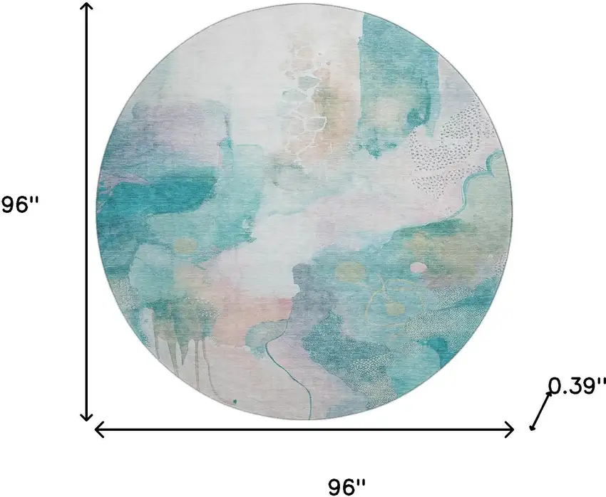 8' Turquoise And Ivory Abstract Washable Round Rug With UV Protection Photo 8