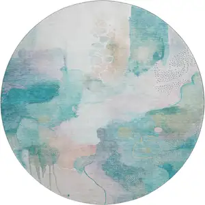 Photo of 8' Turquoise And Ivory Abstract Washable Round Rug With UV Protection