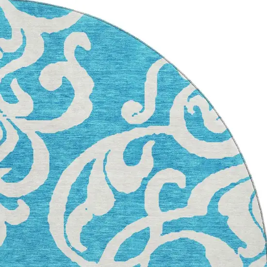 8' Turquoise And Ivory Damask Washable Round Rug With UV Protection Photo 3