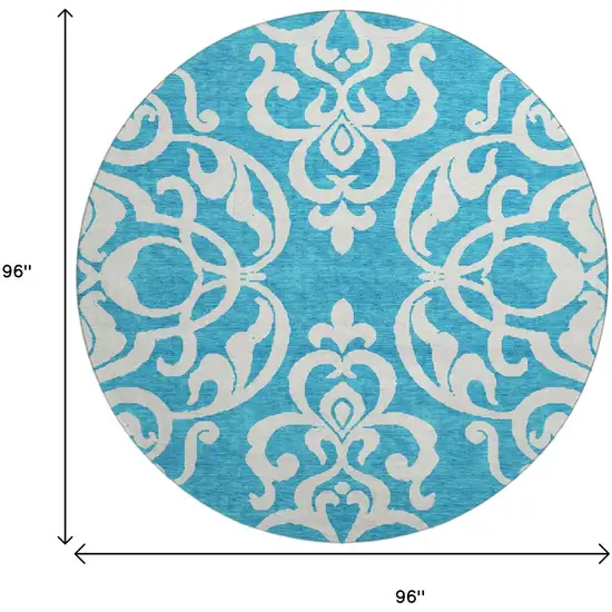 8' Turquoise And Ivory Damask Washable Round Rug With UV Protection Photo 9