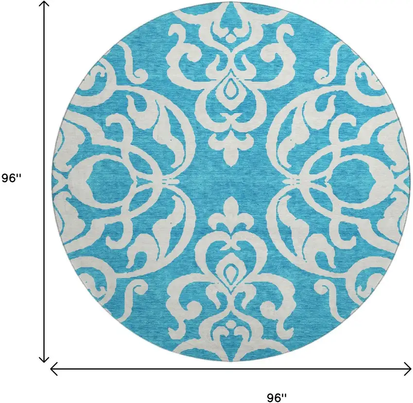 8' Turquoise And Ivory Damask Washable Round Rug With UV Protection Photo 9