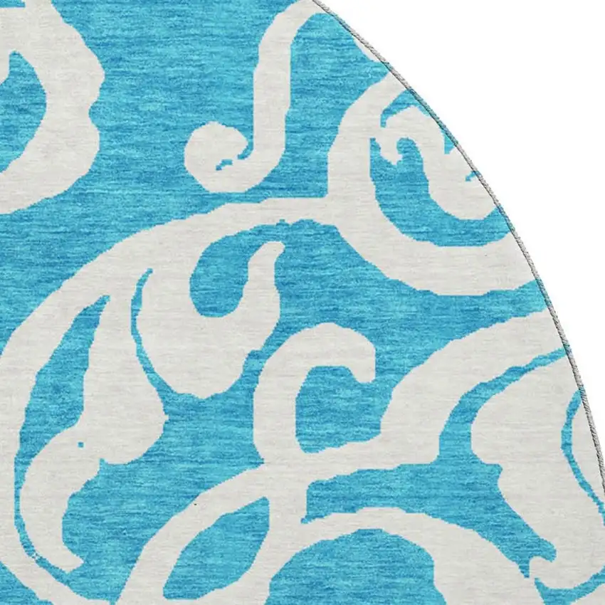 8' Turquoise And Ivory Damask Washable Round Rug With UV Protection Photo 2