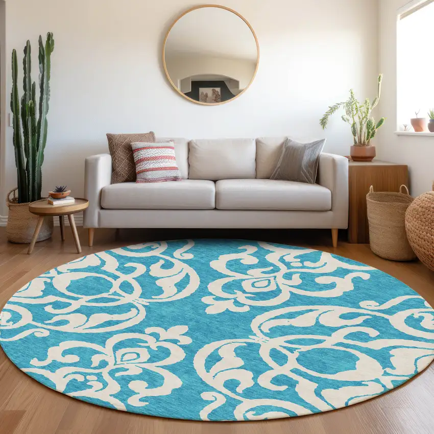 8' Turquoise And Ivory Damask Washable Round Rug With UV Protection Photo 4