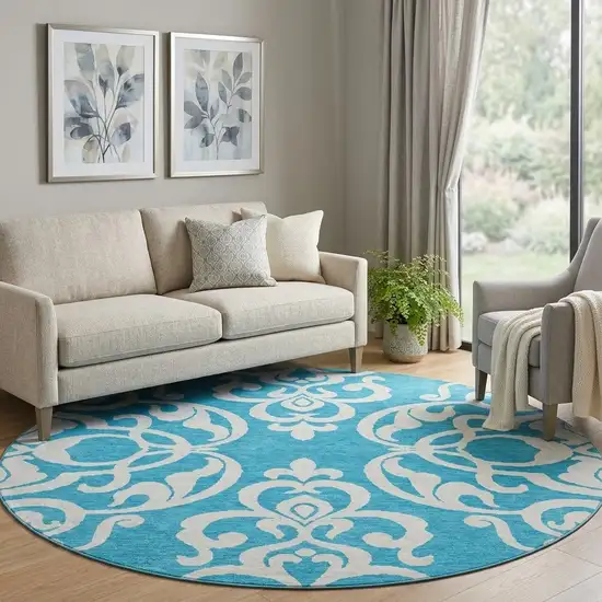 8' Turquoise And Ivory Damask Washable Round Rug With UV Protection Photo 1