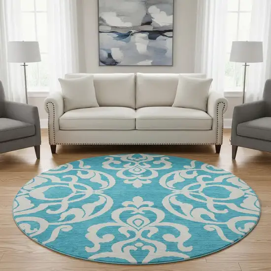 8' Turquoise And Ivory Damask Washable Round Rug With UV Protection Photo 2