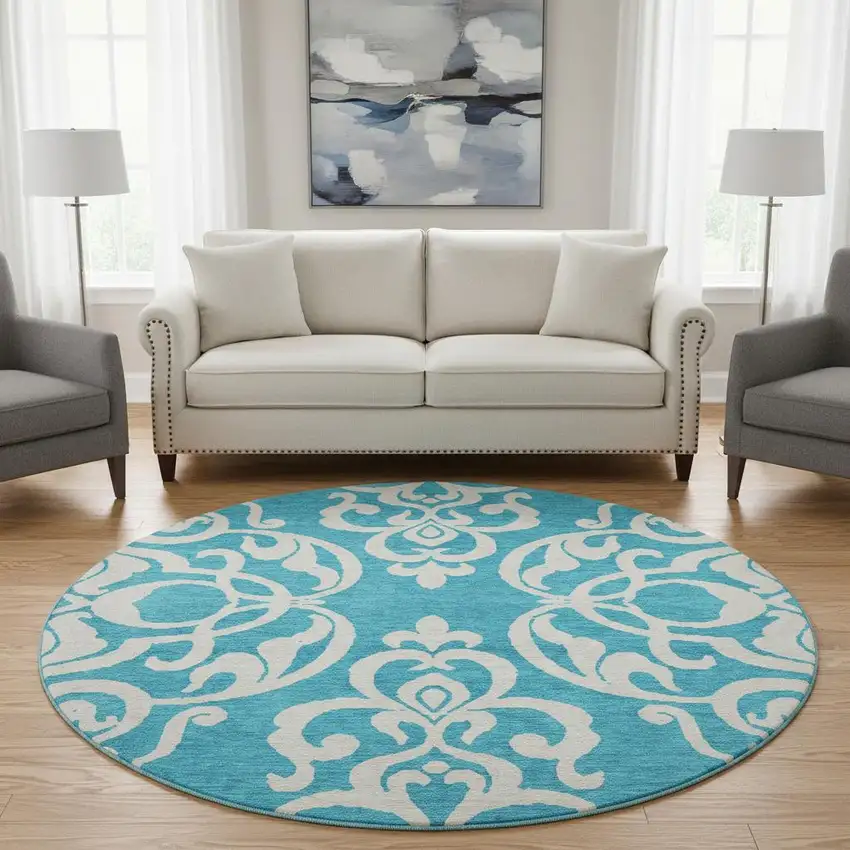 8' Turquoise And Ivory Damask Washable Round Rug With UV Protection Photo 2