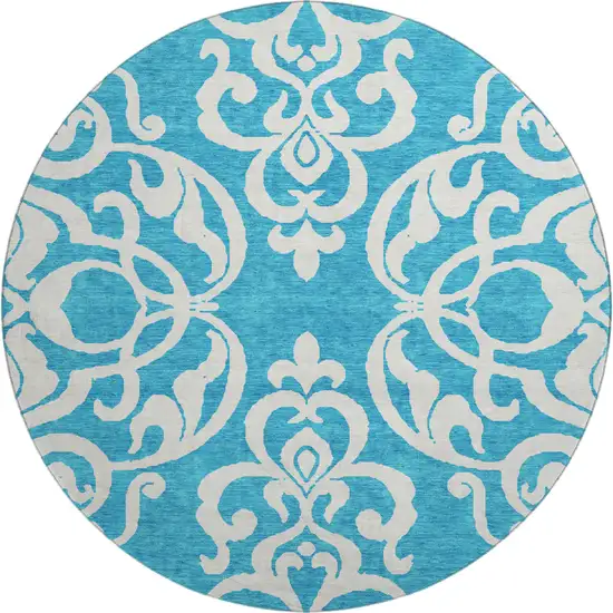 8' Turquoise And Ivory Damask Washable Round Rug With UV Protection Photo 1
