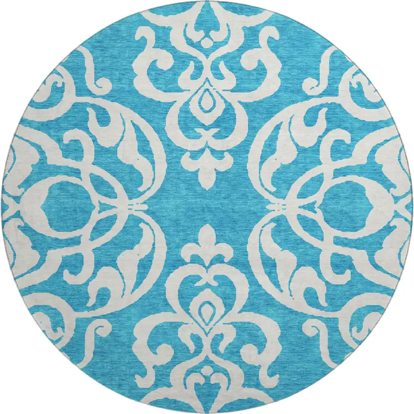 8' Turquoise And Ivory Damask Washable Round Rug With UV Protection Photo 1