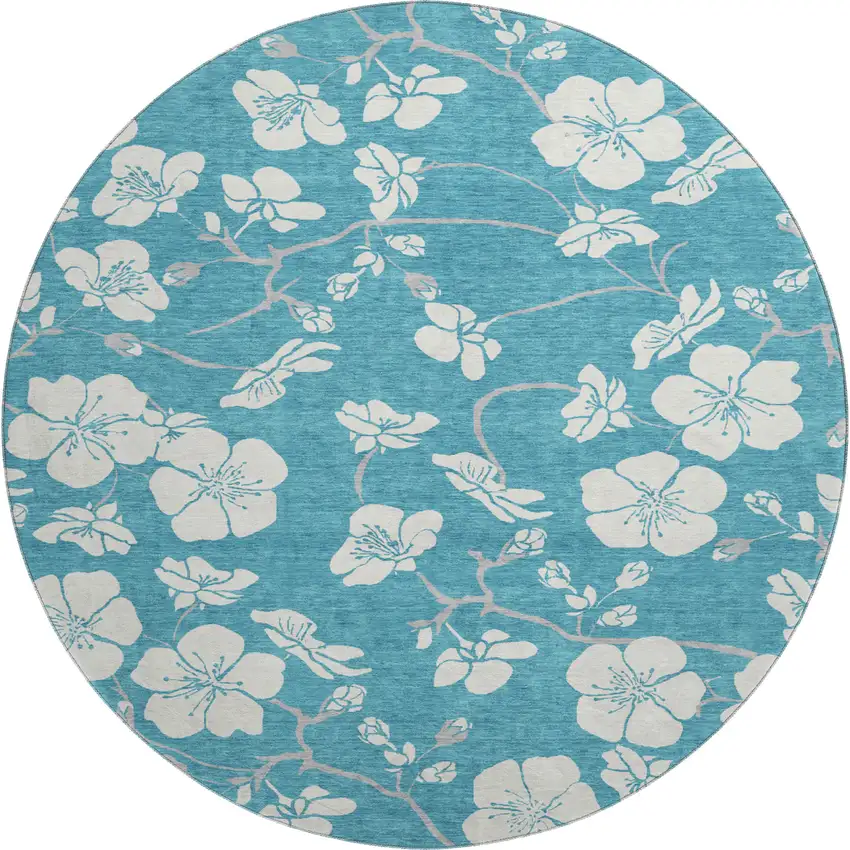 8' Turquoise And Ivory Floral Washable Round Rug With UV Protection Photo 1