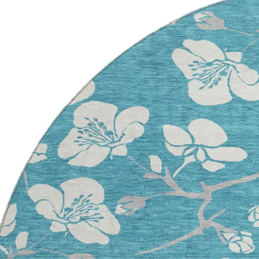 8' Turquoise And Ivory Floral Washable Round Rug With UV Protection Photo 2