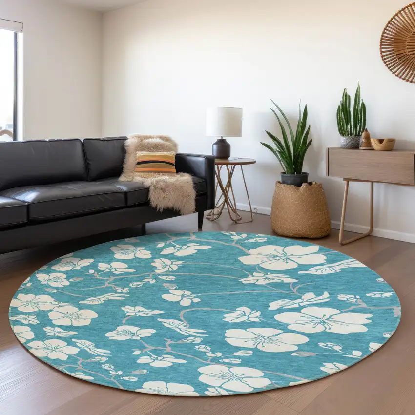 8' Turquoise And Ivory Floral Washable Round Rug With UV Protection Photo 4
