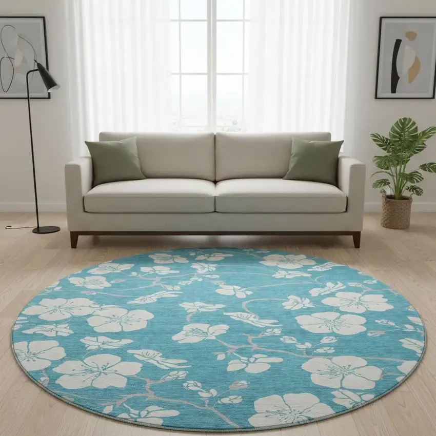 8' Turquoise And Ivory Floral Washable Round Rug With UV Protection Photo 2