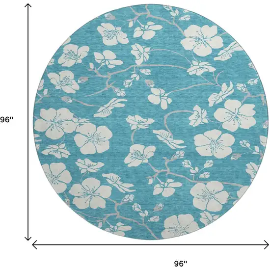 8' Turquoise And Ivory Floral Washable Round Rug With UV Protection Photo 9