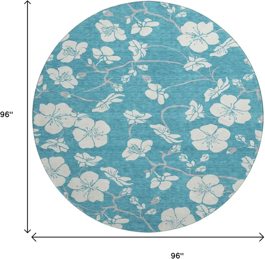 8' Turquoise And Ivory Floral Washable Round Rug With UV Protection Photo 9
