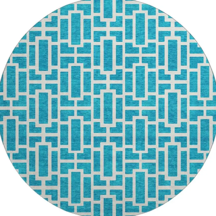 8' Turquoise And Ivory Geometric Washable Round Rug With UV Protection Photo 4
