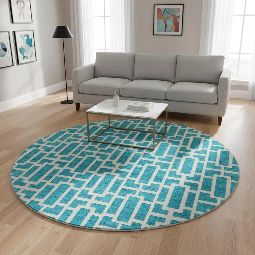 8' Turquoise And Ivory Geometric Washable Round Rug With UV Protection Photo 2