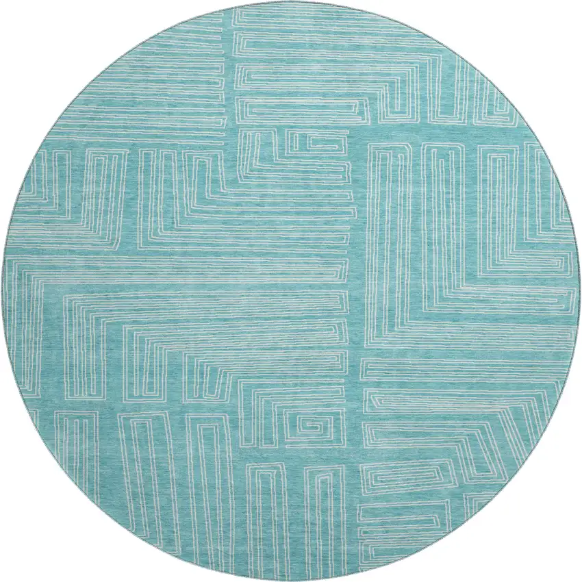 8' Turquoise And Ivory Geometric Washable Round Rug With UV Protection Photo 1
