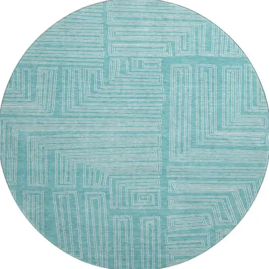 8' Turquoise And Ivory Geometric Washable Round Rug With UV Protection Photo 3
