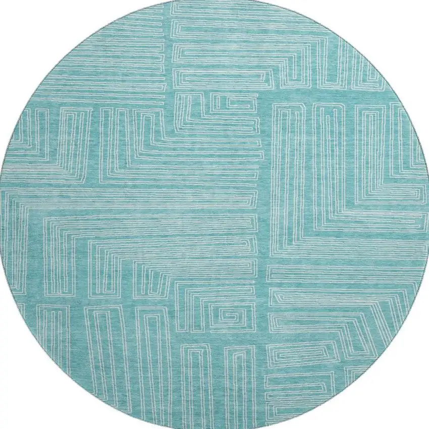 8' Turquoise And Ivory Geometric Washable Round Rug With UV Protection Photo 3