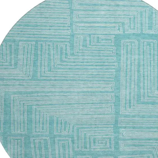 8' Turquoise And Ivory Geometric Washable Round Rug With UV Protection Photo 2