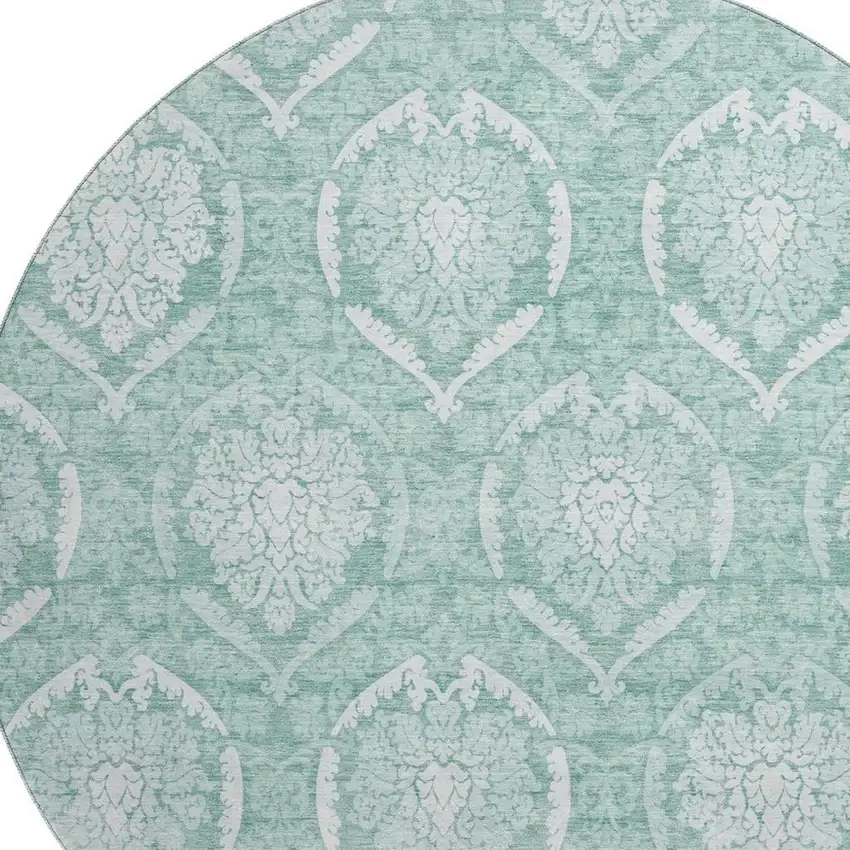 8' Turquoise And Ivory Medallion Washable Round Rug With UV Protection Photo 3
